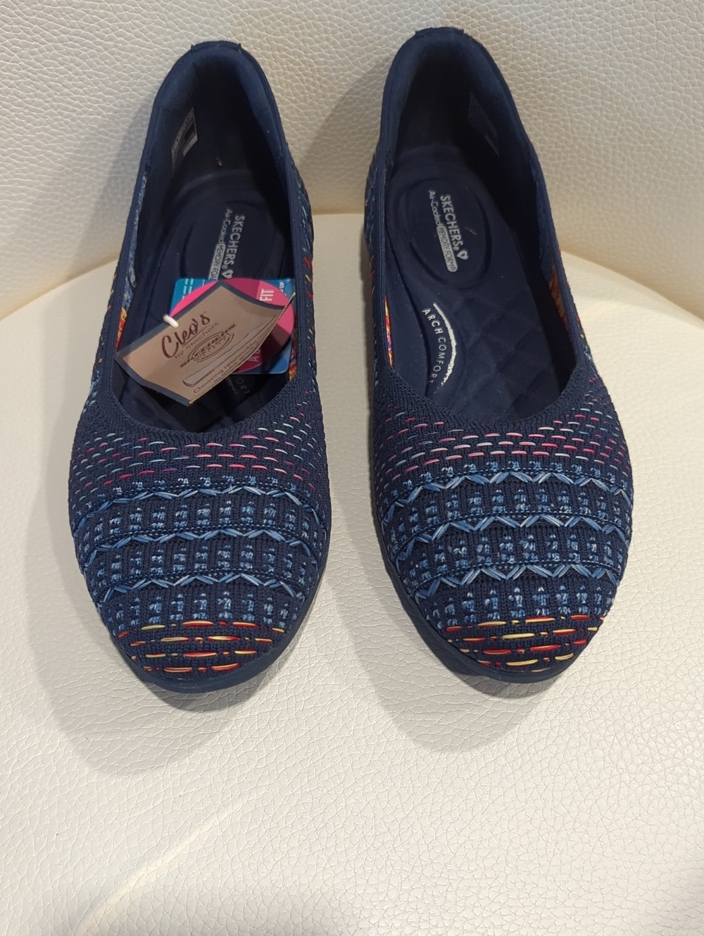 Cleo's by Skechers Navy Knit Slip-On Flats with Pink and Orange Detail